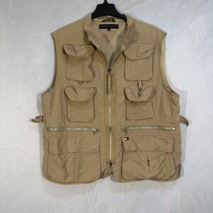 Vintage Tommy Hilfiger Utility Fishing Vest Beige Pockets Zippers Camp XL Hiking